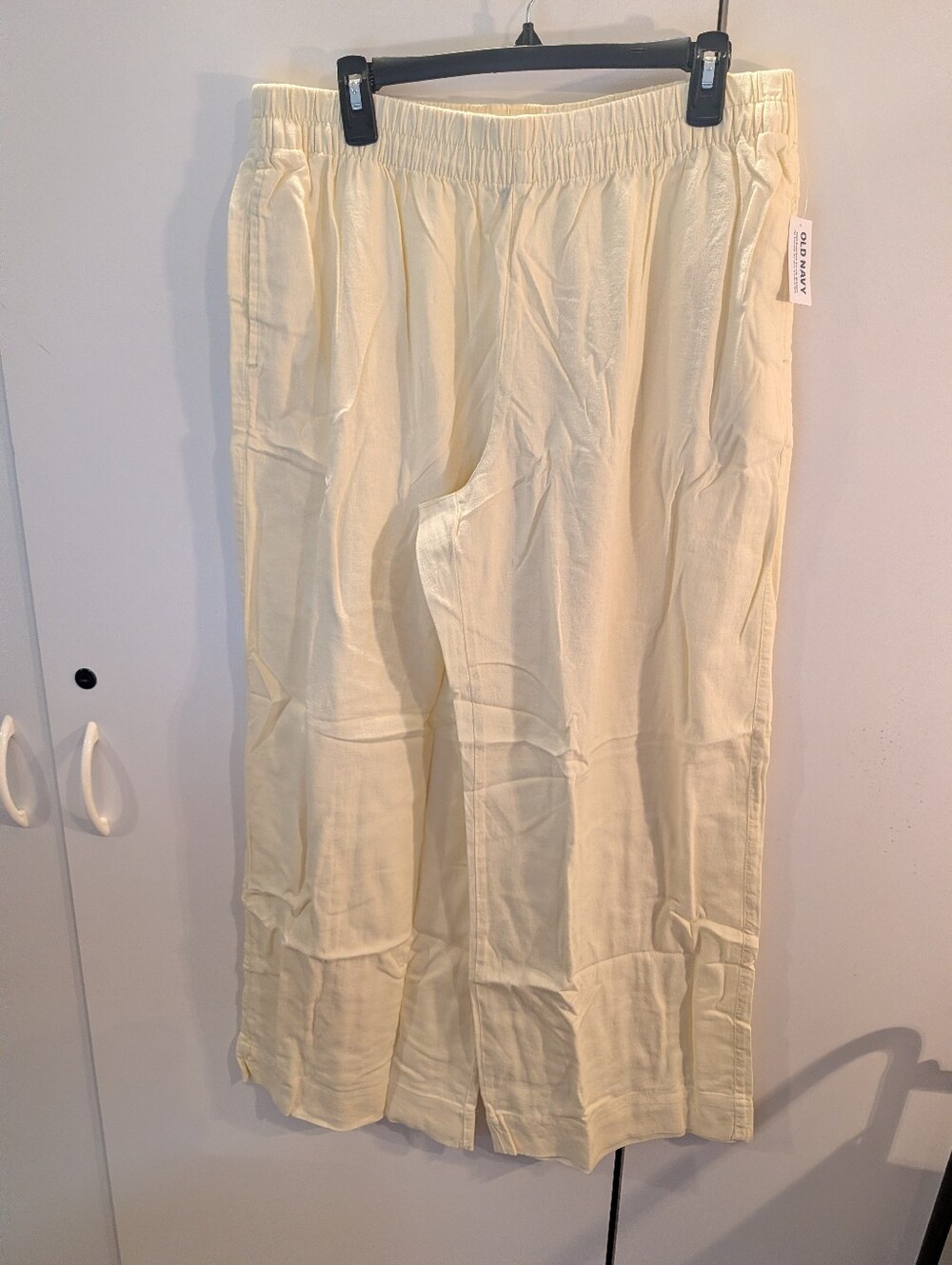 Old Navy Womans Light Yellow Elastic-Waist High Rise Super Wide Leg Linen Pants